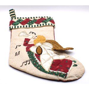 Vintage Quilted Christmas Stocking Angel Trumpet Design Red Green Holiday Decor